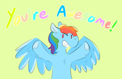 Size: 1250x812 | Tagged: safe, artist:pencilsandstencils, rainbow dash, pegasus, pony, g4, looking at you, simple background, solo, spread wings, text, wings