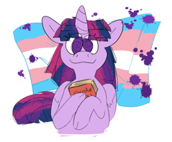 Size: 476x394 | Tagged: safe, artist:pencilsandstencils, twilight sparkle, alicorn, pony, g4, book, bust, pride, pride flag, simple background, smiling, solo, swirly eyes, transgender pride flag, twilight sparkle (alicorn), white background