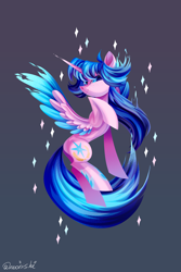 Size: 3000x4500 | Tagged: safe, artist:neonishe, oc, oc only, oc:neon star, alicorn, pony, alicorn oc, colored, colored wings, concave belly, cute, female, fiery wings, gradient background, high res, horn, long horn, long mane, long tail, mare, solo, spread wings, tail, turned head, two toned wings, wings