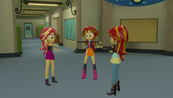 Size: 1920x1080 | Tagged: safe, artist:php170, sunset shimmer, human, equestria girls 10th anniversary, equestria girls, g4, my little pony equestria girls, my little pony equestria girls: better together, my little pony equestria girls: friendship games, 3d, 60s spider-man, boots, canterlot high, clothes, female, high heel boots, human ponidox, jacket, leather, leather jacket, meme, multeity, pointing, reaction, self paradox, shimmerstorm, shocked, shocked expression, shoes, shorts, similarities, skirt, source filmmaker, spider-man points at spider-man, spider-man: across the spider-verse, trio, trio female, you