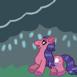 Size: 1000x1000 | Tagged: safe, artist:mintwhistle, silver lining (g3), earth pony, pony, g3, atg 2023, cloud, colored hooves, female, looking up, mare, medibang paint, name pun, namesake, newbie artist training grounds, open mouth, pun, rain, solo, storm, unshorn fetlocks, visual pun, walking, wet, wet mane