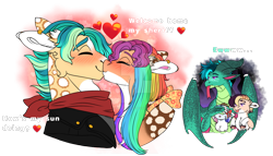 Size: 1280x734 | Tagged: safe, artist:malinraf1615, hitch trailblazer, sparky sparkeroni, sunny starscout, oc, dragon, earth pony, pony, g5, alternate design, blushing, boop, claws, clothes, coat markings, covering eyes, disgusted, ear piercing, earring, eyes closed, female, floating heart, forked tongue, heart, horns, husband and wife, jewelry, kiss on the lips, kissing, lidded eyes, long tongue, male, mama sunny, mane stripe sunny, mare, noseboop, offspring, older, older hitch trailblazer, older sparky sparkeroni, older sunny starscout, papa hitch, parent:hitch trailblazer, parent:sunny starscout, parents:sunnyhitch, piercing, romantic, scarf, ship:starblazer, shipping, simple background, smiling, sparky sparkeroni is not amused, stallion, straight, tongue out, transparent background, unamused, unshorn fetlocks, wings