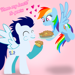 Size: 1400x1400 | Tagged: safe, artist:mlplary6, rainbow dash, soarin', pegasus, pony, g4, apple, apple pie, boyfriend and girlfriend, eating, eyes closed, female, flying, food, heart, love, male, mare, pie, ship:soarindash, shipping, smiling, stallion, straight, text, that pony sure does love pies