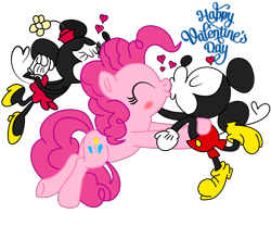 Size: 3000x2500 | Tagged: safe, artist:fanvideogames, pinkie pie, earth pony, pony, g4, butt, female, high res, kissing, male, mare, mickey mouse, minnie mouse, plot, simple background, transparent background