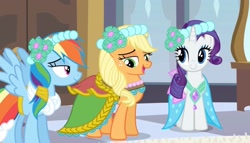 Size: 2114x1209 | Tagged: safe, screencap, applejack, rainbow dash, rarity, earth pony, pegasus, pony, unicorn, a canterlot wedding, g4, alternate hairstyle, beautiful, bedroom, bridesmaid, bridesmaid applejack, bridesmaid dash, bridesmaid dress, bridesmaid rarity, bridesmaids, canterlot, canterlot castle, clothes, door, dress, female, floral head wreath, flower, flower in hair, gown, mare, mirror, rug