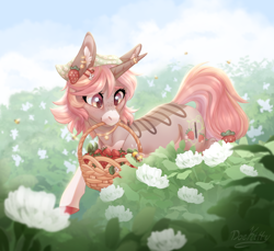 Size: 2490x2282 | Tagged: safe, artist:doekitty, oc, pony, basket, female, food, high res, mare, mouth hold, solo, strawberry