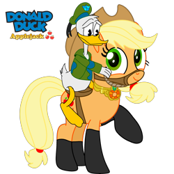 Size: 2800x2800 | Tagged: safe, artist:fanvideogames, applejack, g4, disney, donald duck, female, high res, looking at each other, looking at someone, male, simple background, transparent background