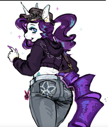 Size: 1280x1502 | Tagged: safe, artist:dahlia3tears, rarity, unicorn, anthro, g4, ass, baseball cap, butt, cap, clothes, denim, female, hat, hoodie, jeans, long nails, looking at you, looking back, looking back at you, mare, pants, ponytail, rearity, simple background, solo, white background