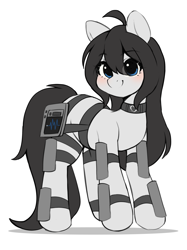 Size: 2074x2776 | Tagged: safe, artist:stablegrass, oc, oc only, oc:milly, earth pony, pony, ahoge, collar, exosuit, female, heart monitor, high res, looking at camera, looking at you, mare, simple background, smiling, standing, white background