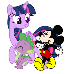 Size: 2250x2250 | Tagged: safe, artist:fanvideogames, spike, twilight sparkle, alicorn, pony, g4, crossover, female, high res, male, mickey mouse, simple background, transparent background, twilight sparkle (alicorn)