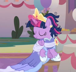 Size: 1248x1184 | Tagged: safe, screencap, twilight sparkle, alicorn, pony, g4, the last problem, alternate hairstyle, balloon, banner, bush, clothes, cropped, crown, dress, evening, eyes closed, female, gown, grass, jewelry, magic, mare, messy mane, raised hoof, regalia, sash, second coronation dress, sitting, smiling, solo, table, turning, twilight sparkle (alicorn)