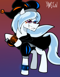 Size: 1317x1692 | Tagged: safe, artist:yamston, oc, oc only, oc:flashy flash, earth pony, pony, fanfic:living the dream, 2023, bracelet, cape, clothes, earth pony oc, eyeshadow, fanfic art, gradient background, hat, jester hat, jewelry, long mane, looking back, makeup, male, male oc, parent:oc:alexander(ltd), parent:trixie, pink eyes, raised hoof, smiling, solo, stallion, two toned hair, white coat