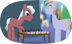 Size: 1915x1191 | Tagged: safe, artist:equestriaexploration, check mate, jaded jasper, crystal pony, pony, atg 2023, chess, duo, newbie artist training grounds, simple background, transparent background