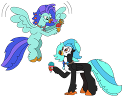 Size: 3016x2336 | Tagged: safe, artist:supahdonarudo, oc, oc only, oc:icebeak, oc:sea lilly, classical hippogriff, hippogriff, atg 2023, camera, duo, flying, food, high res, holding, jewelry, necklace, newbie artist training grounds, simple background, snow cone, transparent background
