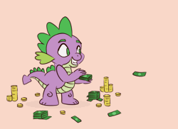 Size: 1000x728 | Tagged: safe, artist:nedemai, spike, dragon, g4, animated, atg 2023, gif, make it rain, male, money, newbie artist training grounds, smiling, solo