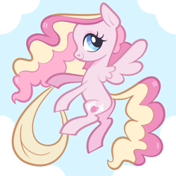 Size: 5000x5000 | Tagged: safe, artist:pilesofmiless, oc, oc only, pegasus, pony, g3, blue background, cloud, curly hair, curly mane, flying, g3 oc, multicolored hair, multicolored mane, multicolored tail, simple background, solo, tail