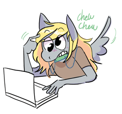 Size: 1280x1193 | Tagged: safe, artist:stevetwisp, derpy hooves, pegasus, anthro, g4, chewing, computer, eating, laptop computer, simple background, solo, spread wings, stimming, white background, wings