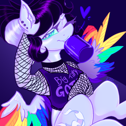 Size: 2000x2000 | Tagged: safe, artist:dankpegasista, oc, oc only, oc:lunar dash, pegasus, semi-anthro, angle, arm hooves, bangs, big titty goth gf, black and white mane, closed eye, clothes, colored eyelashes, colored lineart, colored wings, drinking, ear fluff, ear piercing, eyebrows, faded cutie mark, feathered wings, female, fishnet clothing, fishnet stockings, full body, goth, gradient background, gradient eyes, heart, heart eyes, high res, highlights, jewelry, long eyelashes, looking at you, lying down, mare, mug, multicolored wings, on back, one eye closed, open mouth, piercing, ponytail, rainbow wings, raised hoof, shading, shiny mane, shiny skin, shirt, short shirt, signature, smiling, smiling at you, solo, spread wings, starry eyes, sternocleidomastoid, teeth, text, text on clothing, text on shirt, wall of tags, wing hands, wingding eyes, wings, wink, winking at you