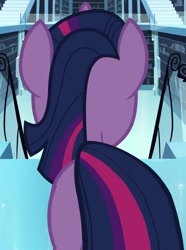 Size: 643x866 | Tagged: safe, screencap, twilight sparkle, pony, unicorn, g4, the crystal empire, back of head, bookshelf, cropped, crystal empire library, female, library, mare, multicolored mane, multicolored tail, solo, stairs, tail, unicorn twilight