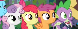 Size: 840x319 | Tagged: safe, screencap, apple bloom, cup cake, discord, scootaloo, spike, sweetie belle, draconequus, dragon, earth pony, pegasus, pony, unicorn, g4, the big mac question, bowtie, clothes, cropped, cutie mark crusaders, female, formal wear, header, male, odd one out, smiling, spike's second bow tie, sweet apple acres, tuxedo, twitter header, winged spike, wings