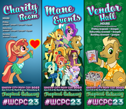 Size: 1200x1042 | Tagged: safe, artist:charlie worthley, artist:tim-kangaroo, braeburn, pipp petals, sandbar, smarty pants, oc, earth pony, pegasus, pony, unicorn, g4, g5, clothes, comic, convention, costume, floating heart, group shot, heart, plushie, sign, treasure chest, wcpc23, whinny city pony con 2023