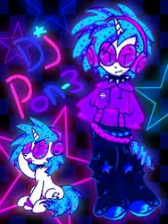 Size: 564x752 | Tagged: safe, artist:goofysillyguyy, dj pon-3, vinyl scratch, human, pony, unicorn, g4, choker, clothes, headphones, hoodie, horn, horned humanization, humanized, pride, pride flag, sitting, solo, spiked choker, transgender, transgender pride flag, vinyl's glasses