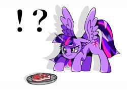 Size: 1754x1240 | Tagged: safe, alternate version, artist:stacy_165cut, twilight sparkle, alicorn, pony, g4, confused, exclamation point, food, interrobang, meat, question mark, simple background, solo, spread wings, steak, twilight sparkle (alicorn), white background, wings