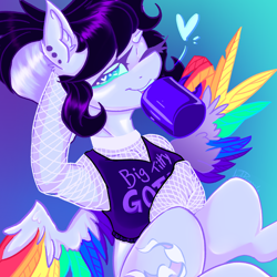 Size: 2000x2000 | Tagged: safe, alternate version, artist:dankpegasista, derpibooru exclusive, oc, oc only, oc:lunar dash, pegasus, semi-anthro, angle, arm hooves, bangs, big titty goth gf, black and white mane, closed eye, clothes, colored eyelashes, colored lineart, colored wings, drinking, ear fluff, ear piercing, eyebrows, faded cutie mark, feathered wings, female, fishnet clothing, fishnet stockings, full body, goth, gradient background, gradient eyes, heart, heart eyes, high res, highlights, jewelry, long eyelashes, looking at you, lying down, mare, mug, multicolored wings, on back, one eye closed, open mouth, piercing, ponytail, rainbow wings, raised hoof, shading, shiny mane, shiny skin, shirt, short shirt, signature, smiling, smiling at you, solo, spread wings, starry eyes, sternocleidomastoid, teeth, text, text on clothing, text on shirt, wall of tags, wing hands, wingding eyes, wings, wink, winking at you