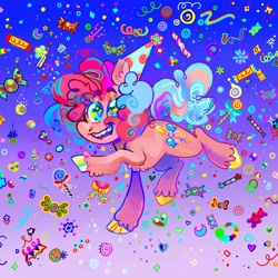 Size: 1080x1080 | Tagged: safe, artist:furbey, pinkie pie, earth pony, pony, g4, candy, colored hooves, confetti, food, gradient background, hat, lollipop, party hat, solo