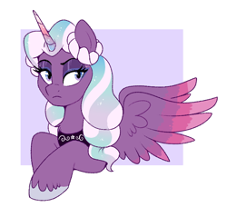 Size: 750x685 | Tagged: safe, artist:lulubell, opaline arcana, alicorn, pony, g5, alternate design, bust, closed mouth, colored hooves, colored wings, eyeshadow, female, frown, gradient horn, gradient mane, gradient wings, horn, lidded eyes, looking at you, makeup, mare, multicolored wings, passepartout, peytral, redesign, solo, spread wings, unshorn fetlocks, wings