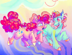 Size: 1280x985 | Tagged: safe, artist:furbey, minty, pinkie pie, earth pony, pony, g3, g4, colored hooves, duo, looking at each other, looking at someone, smiling