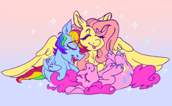 Size: 500x308 | Tagged: safe, artist:furbey, fluttershy, pinkie pie, rainbow dash, earth pony, pegasus, pony, g4, cuddling, eyes closed, female, flutterdashpie, gradient background, lesbian, polyamory, ship:flutterdash, ship:flutterpie, ship:pinkiedash, shipping, sparkles, trio