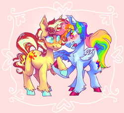 Size: 500x456 | Tagged: safe, artist:furbey, rainbow dash, sunset shimmer, pegasus, pony, unicorn, g4, blushing, colored hooves, crack shipping, duo, female, holding hooves, lesbian, looking at each other, looking at someone, shipping, sunsetdash, tongue out