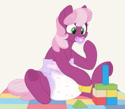 Size: 2057x1791 | Tagged: safe, artist:shuphle, cheerilee, earth pony, pony, g4, adult foal, baby toys, blocks, cheeribetes, cute, diaper, diaper fetish, eyebrows, eyebrows visible through hair, female, fetish, lying down, mare, non-baby in diaper, pacifier, pen, poofy diaper, simple background, smiling, solo, white background