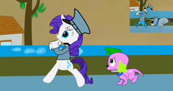 Size: 1230x649 | Tagged: safe, artist:fanvideogames, rarity, spike, dog, pony, g4, anatomically incorrect, bipedal, duo, female, incorrect leg anatomy, letter, mailmare uniform, male