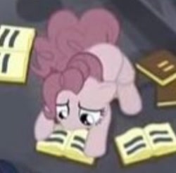 Size: 426x420 | Tagged: safe, screencap, pinkie pie, earth pony, pony, g4, season 5, the cutie map, book, curled up, cute, diapinkes, equal cutie mark, female, indoctrination hut, mare, puppy dog eyes, reading, sad, sadorable, sitting, solo