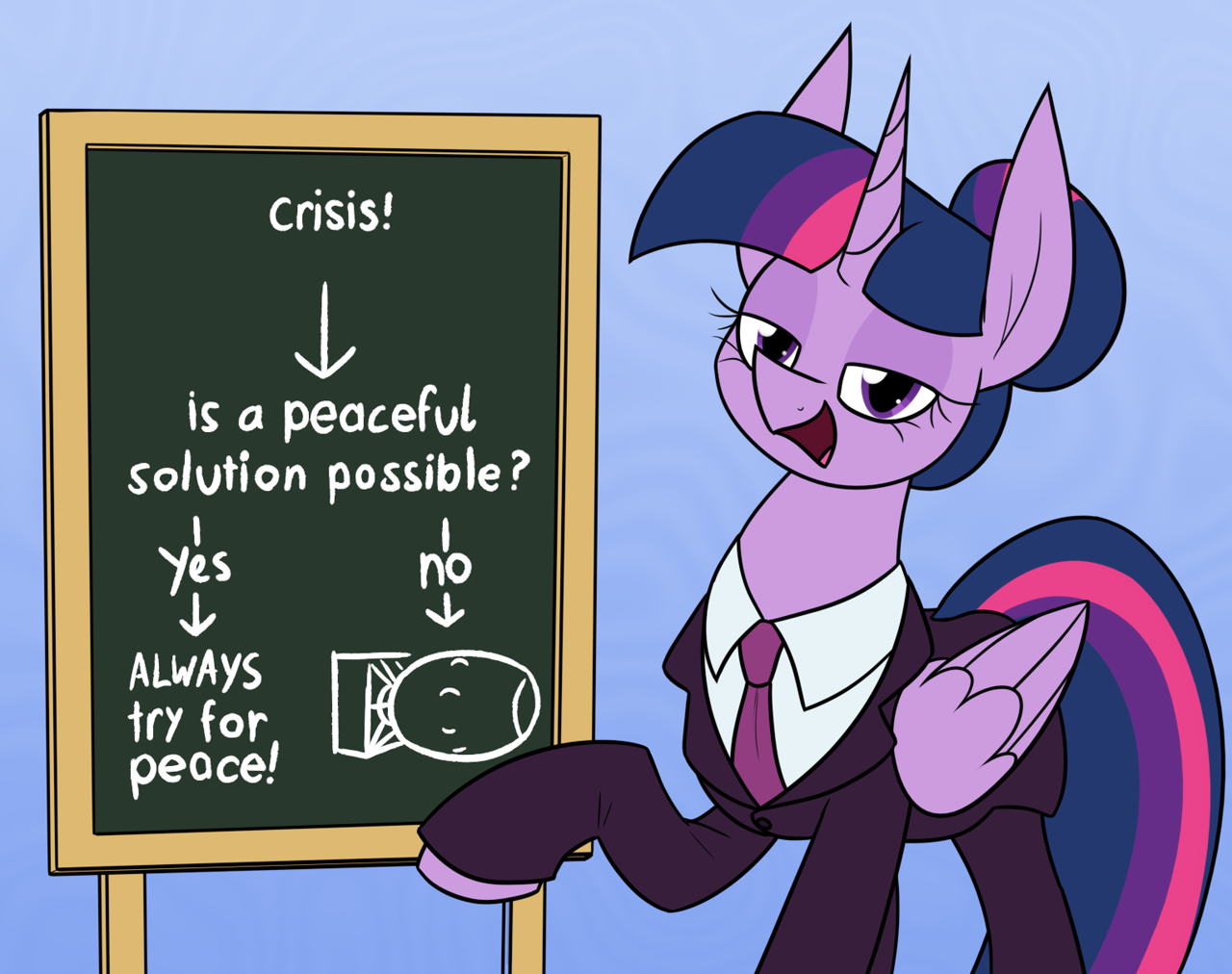 [alicorn,alternate hairstyle,atomic bomb,chalkboard,clothes,female,hair bun,mare,necktie,pony,raised hoof,safe,shirt,solo,suit,twilight sparkle,weapon,wings,nuclear weapon,diplomacy,gradient background,abstract background,folded wings,twilight sparkle (alicorn),artist:moonatik]