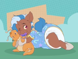 Size: 2048x1550 | Tagged: safe, artist:cuddlehooves, oc, pony, unicorn, diaper, diaper fetish, fetish, impossibly large diaper, lying down, non-baby in diaper, one eye closed, onesie, pacifier, plushie, poofy diaper, solo, two toned mane