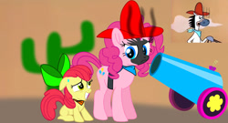 Size: 1217x657 | Tagged: safe, artist:fanvideogames, apple bloom, pinkie pie, earth pony, pony, g4, angry, cannon, female, filly, foal, hanna barbera, male, mare