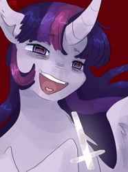Size: 1280x1720 | Tagged: safe, artist:dmitrymemovznok, twilight sparkle, alicorn, pony, g4, bust, cross, curved horn, ear fluff, horn, inverted cross, open mouth, open smile, simple background, smiling, solo, twilight sparkle (alicorn)