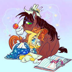 Size: 764x760 | Tagged: safe, artist:furbey, sunburst, trouble shoes, clydesdale, earth pony, pony, unicorn, g4, book, clothes, clown, clown nose, crack shipping, duo, gay, gradient background, male, red nose, robe, shipping, stallion, sunshoes