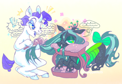 Size: 500x345 | Tagged: safe, artist:furbey, queen chrysalis, rarity, changeling, changeling queen, pony, unicorn, g4, bow, duo, fangs, forked tongue, lidded eyes, short mane, spa, speech bubble, tail, tail bow