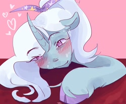 Size: 2048x1698 | Tagged: safe, artist:dmitrymemovznok, trixie, pony, unicorn, g4, blushing, heart, simple background, smiling, solo, sweat, unshorn fetlocks