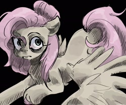 Size: 2048x1698 | Tagged: safe, artist:dmitrymemovznok, fluttershy, pegasus, pony, g4, black background, frown, lying down, simple background, solo, spread wings, unshorn fetlocks, wide eyes, wings