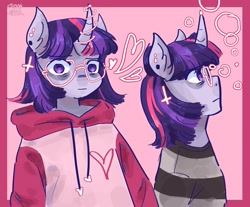 Size: 2048x1698 | Tagged: safe, artist:dmitrymemovznok, twilight sparkle, unicorn, anthro, g4, clothes, ear piercing, glasses, heart, hoodie, piercing, simple background, solo