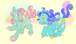 Size: 500x288 | Tagged: safe, artist:furbey, minty, seaflower, earth pony, pony, g1, g3, colored hooves, crack shipping, duo, female, lesbian, ship:mintyflower, shipping