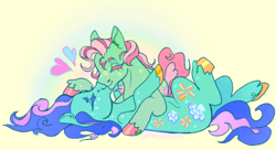 Size: 500x271 | Tagged: safe, artist:furbey, minty, seaflower, earth pony, pony, g1, g3, crack shipping, duo, eyes closed, female, heart, kiss on the lips, kissing, lesbian, ship:mintyflower, shipping