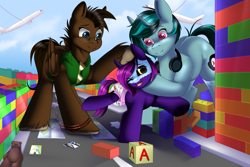 Size: 3375x2250 | Tagged: safe, artist:xcinnamon-twistx, oc, oc only, oc:aeris strider, oc:beat spark, oc:bumper, pony, city, commission, diaper, high res, macro, non-baby in diaper, toy, trio