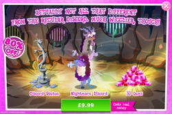 Size: 1954x1298 | Tagged: safe, gameloft, discord, nightmare forces, g4, my little pony: magic princess, advertisement, costs real money, english, gem, horns, male, mobile game, nightmare creature, numbers, sale, solo, statue, text