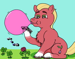 Size: 2489x1960 | Tagged: safe, artist:puffydearlysmith, sprout cloverleaf, earth pony, pony, g5, blowing bubblegum, bubblegum, cellphone, chest fluff, chubby, clover, food, four leaf clover, grass, gum, male, phone, smartphone, solo, stallion, unshorn fetlocks